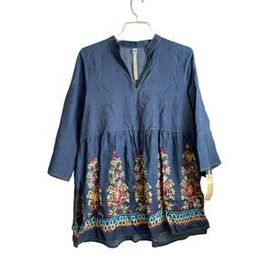 Anthropologie‎ Uncle Frank Tunic Top Size Medium Chambray Embroidery Floral NWT
